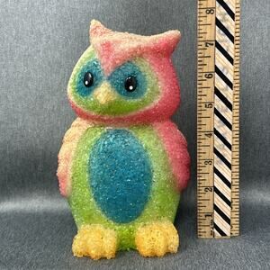 Rainbow Owl Plastic Popcorn Style Blow Mold Kitschy Decor 7.5" Tall READ